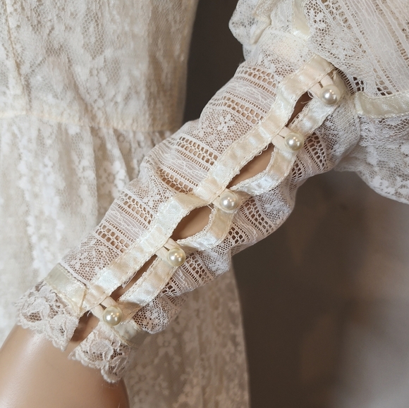 Gunne Sax Vintage Ivory Lace Midi Dress Victorian Edwardian 70s 80s XS - Picture 2 of 16